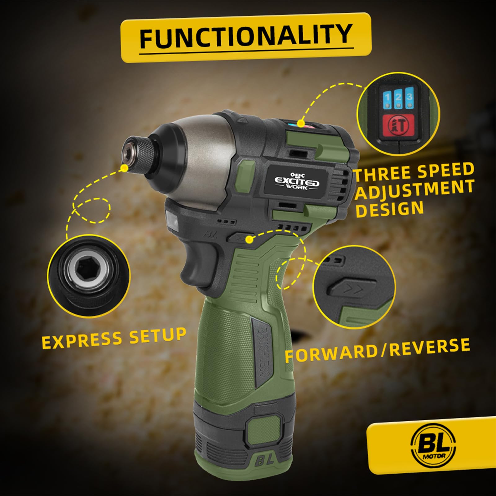 LAZYLAND 17V Brushless Screwdriver, 140Nm Cordless Impact Driver Set with 3 Adjustable Speed, 2 Batteries and Led Work Light