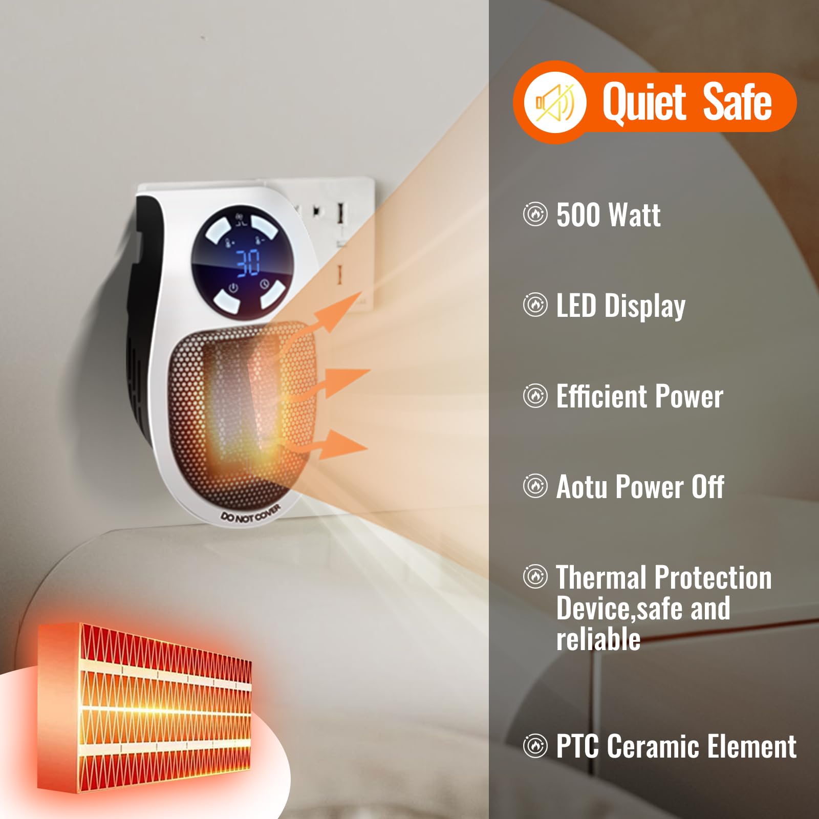 throihg Top Heat Plug in Heater for Indoor Use, 2pc 500W Smart Space Electric Fan Heater Wall Outlet with Adjustable Thermostat and Timer and Led Display, Portable Heater