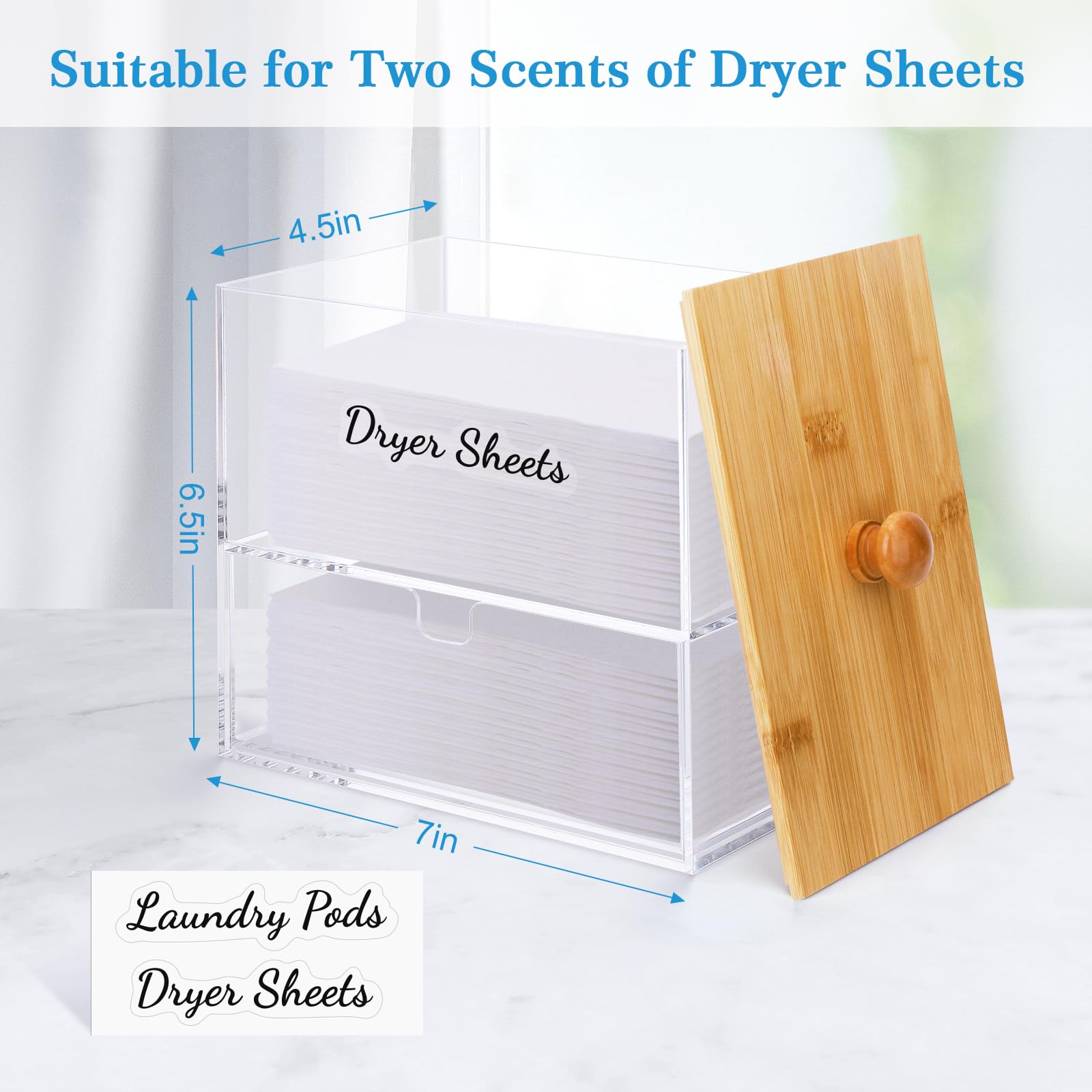 JYPS Acrylic Dryer Sheet Holder with Drawer and Bamboo Lid, Clear Laundry Room Organization and Storage，Dryer Sheet Laundry Pods Containter Box for Laundry Room Decor