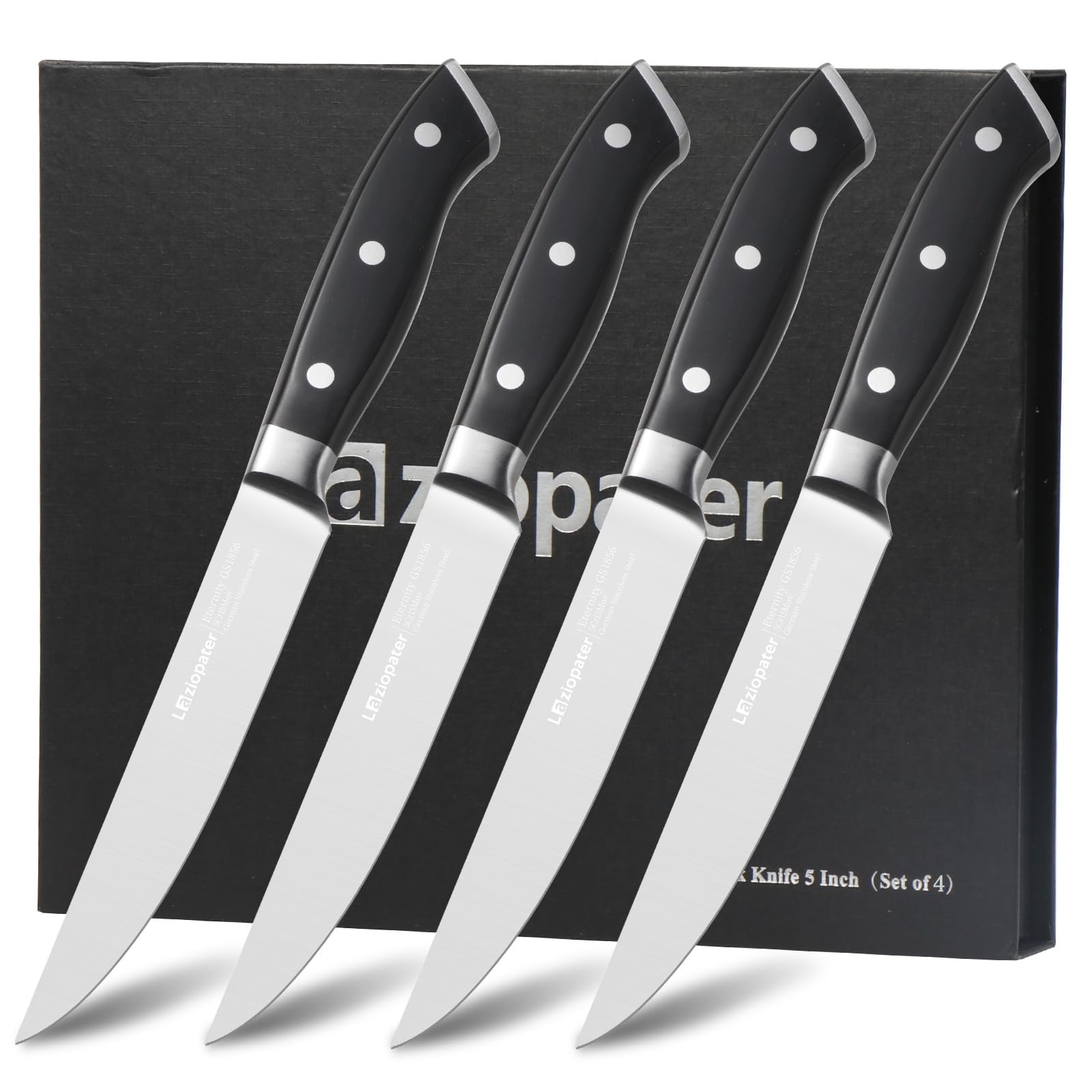 LAZIOPATER Steak Knives Set of 6, Non-Serrated Blades,5 inch Steak Knife, High Carbon Germany Stainless Steel, Premium 5" Kitchen Knives, Dishwasher Safe, with Gift Box, Black (4)