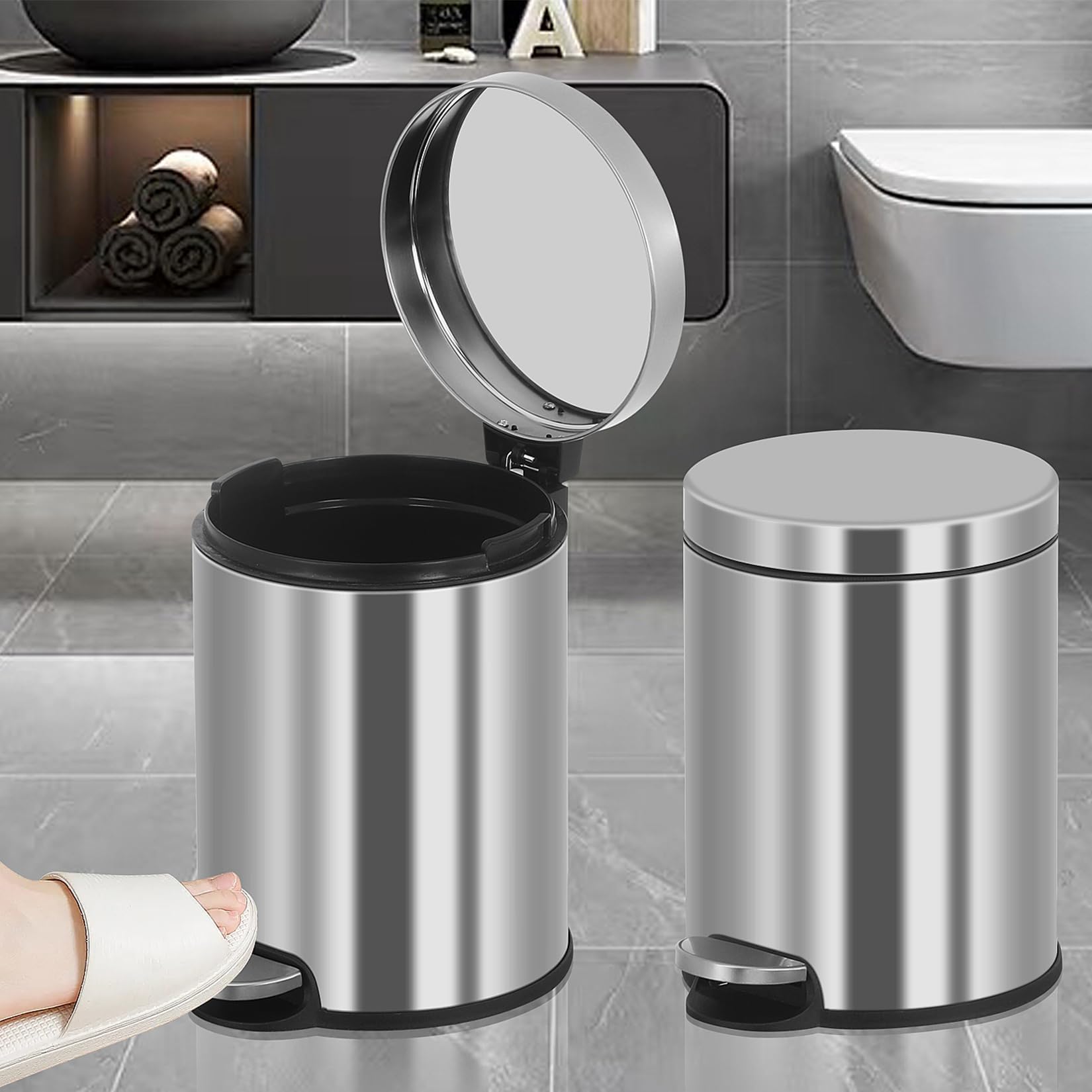 BLKMTY Trash Can Bathroom Trash Bin with Lid Waste Bin 6 L/1.6 Gallon Stainless Steel Garbage Can Round Portable Garbage Bin for Bathroom Office Bedroom Rubbish Bin Step-Open, Silver (2 Pack)