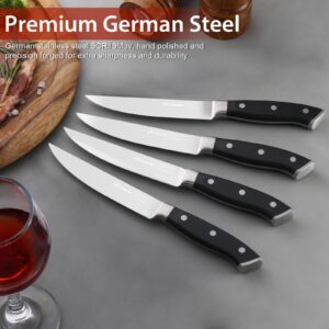 LAZIOPATER Steak Knives Set of 6, Non-Serrated Blades,5 inch Steak Knife, High Carbon Germany Stainless Steel, Premium 5" Kitchen Knives, Dishwasher Safe, with Gift Box, Black (4)