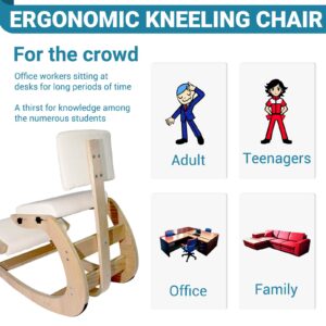 CHIESMA Ergonomic Kneeling Chair with Back Support, Adjustable Height Wooden Kneeling Chair - Improve Posture with an Angled Seat, Rocking Knee Posture Chair with Cushion for Home,Office, Ivory