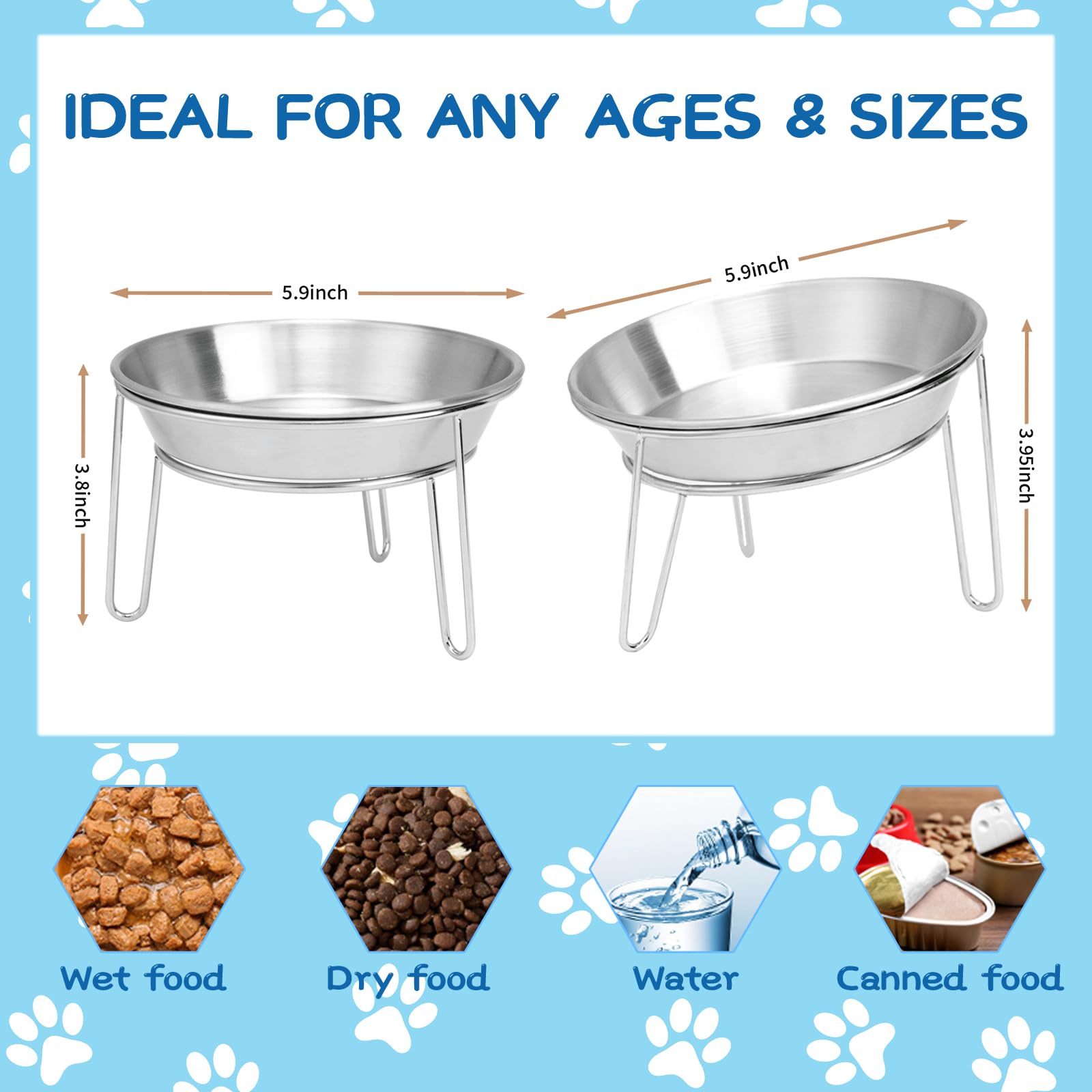 Elevated Cat Bowls Stainless Steel, 5.9 Inch Wide Raised Cat Bowls with Metal Stand Whisker Friendly, 2 Pack Anit-Vomiting Tilted Cat Food and Water Bowl Set for Cats, Kittens and Small Dogs