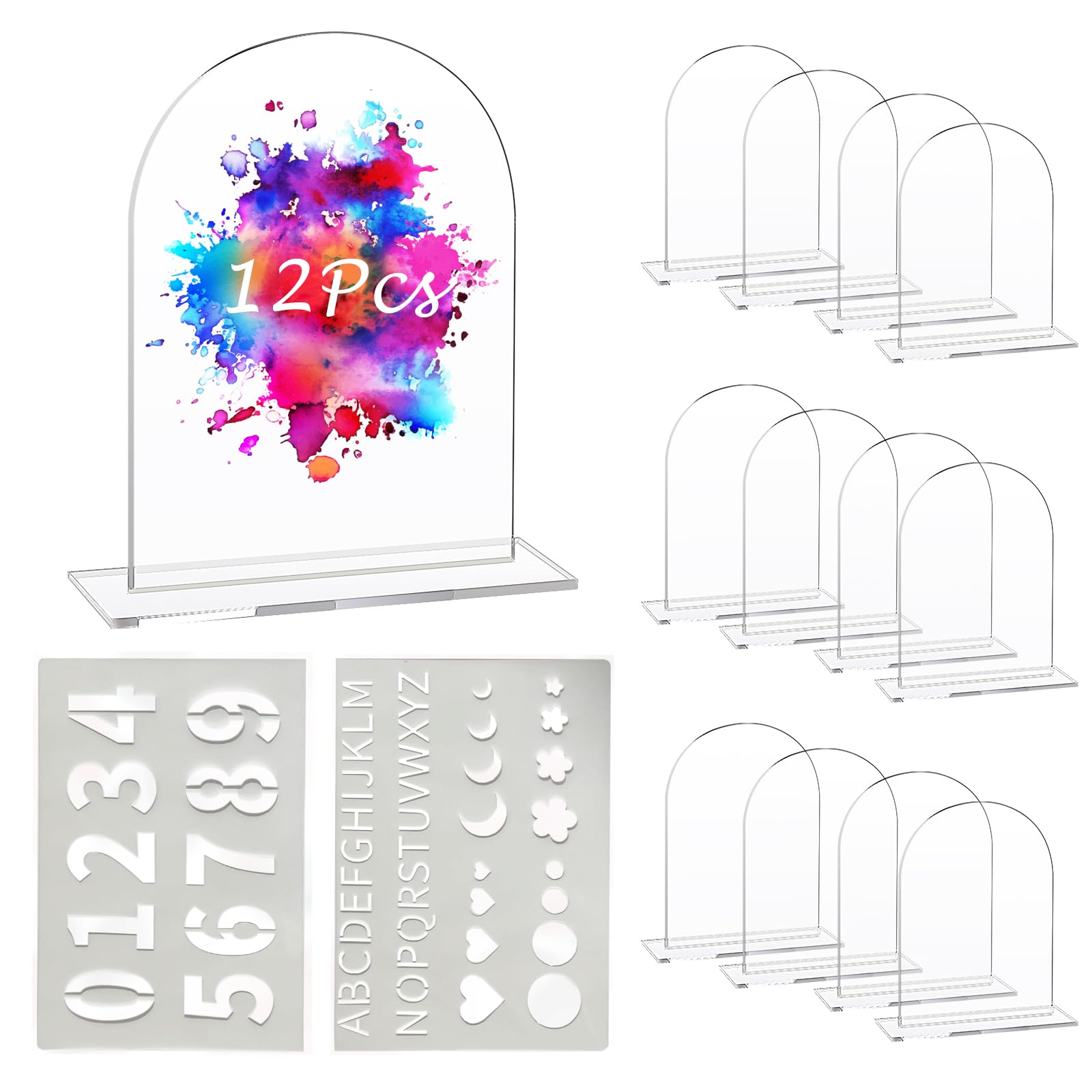 LUGUNU 12 Pack 5x7 Inch Blank Clear Arch Acrylic Sign with Stand Blank Arched Round Top Acrylic Sheet with Letter Stencils and Numbers DIY Acrylic Table Numbers Sign and Holder