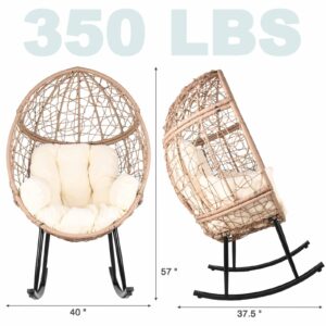 ZBLUXBZ Outdoor Rocking Egg Chair, Oversized Patio Egg Lounge Chairs with 6 inch Thick Cushion, All-Weather Wicker Basket Chair for Indoor, Outside (Beige)