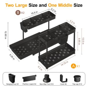 Sevenblue 3 Pack Under Sink Organizers and Storage L-Shaped, 2 Tier Sliding Bathroom Organizers and Storage with Hooks Hanging Cup, Multi-purpose Cabinet Organizers for Kitchen Bathroom, Black