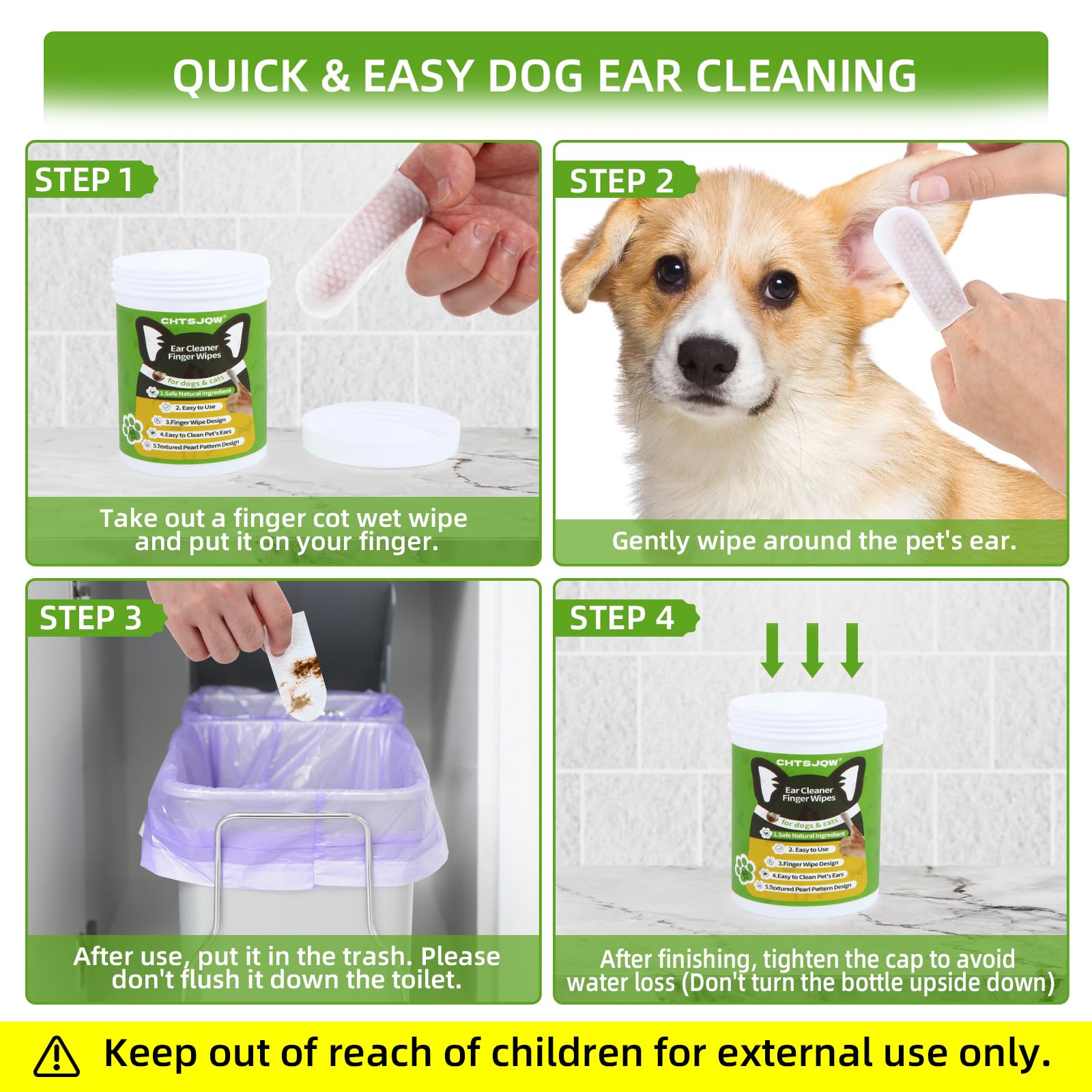 Ear Cleaner Finger Wipes, Dog and Cats Ear Cleaner 60 Counts, Dog Ear Wipes Reduce Earwax Buildup, Grooming Kit Care for Dogs and Cats, Dog Supplies Ear Cleaner Wipes Remove Dirt & Non-Irritating