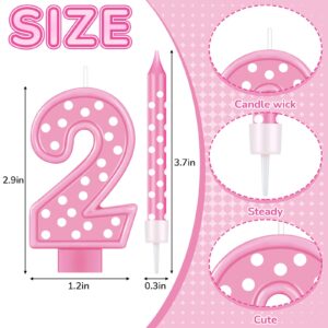 Birthday Candle Number Girls 3 Inch Hot Pink Candle and 6 Pcs Polka Dot Birthday Candles 3.8 Inch First Party Cake Birthday Decorations for Girl (Number 2)