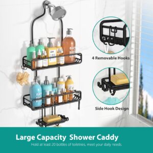 HAMITOR Hanging Shower Caddy Over Head : Adjustable Large Shower Organizer with Soap Holder - Rustproof Bathroom Shelf Shampoo Storage Rack - 4 Movable Hooks for Razor Loofah Black