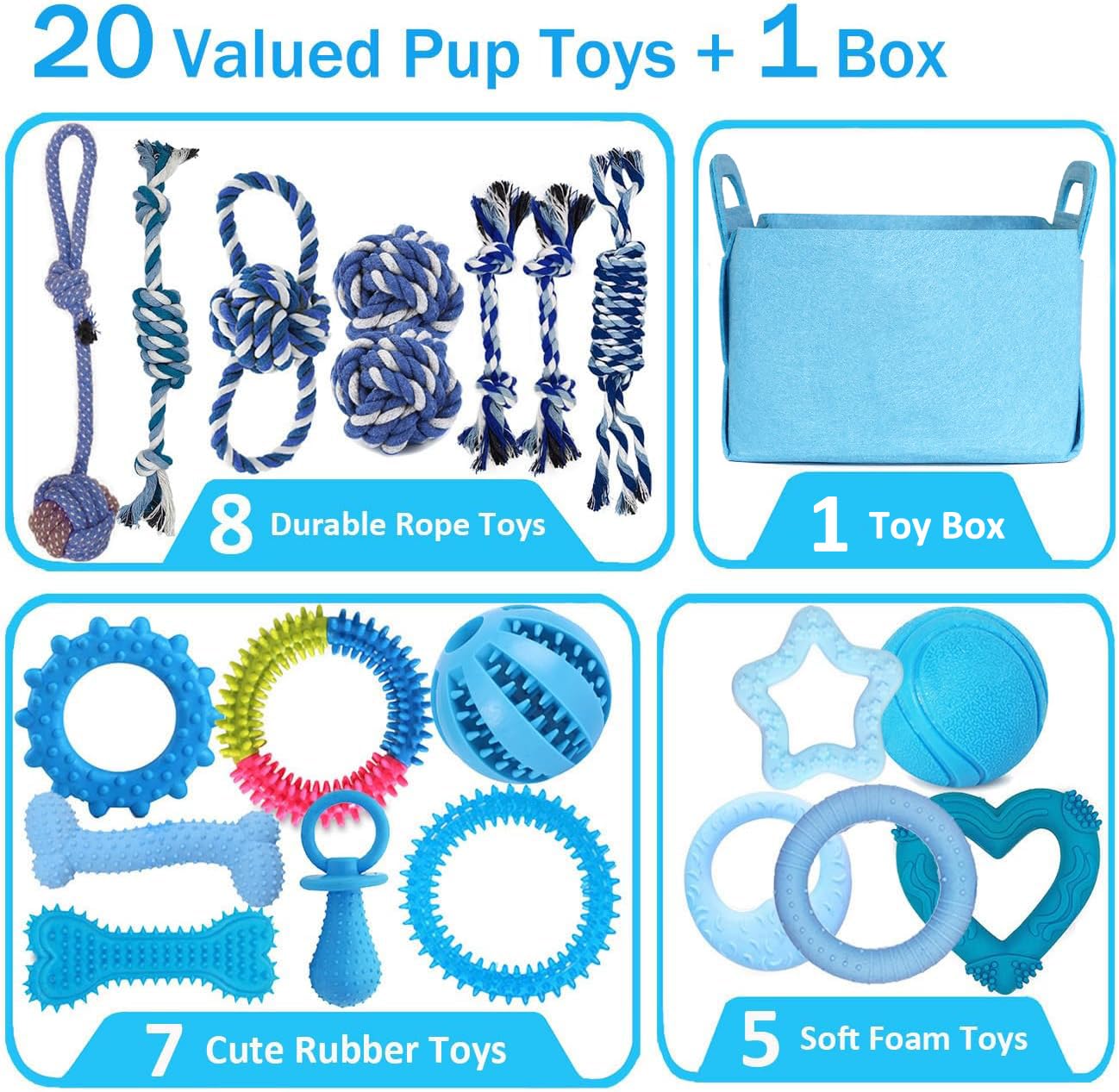 PawsAion 20 Pack Puppy Toys Set - Puppy Chew Toys for Teething, Interactive Dog Teething Toy for Small Breeds - Tough Rope Toys for Puppies, Cute Soft Rubber Toys Bundle for Teeting Pets