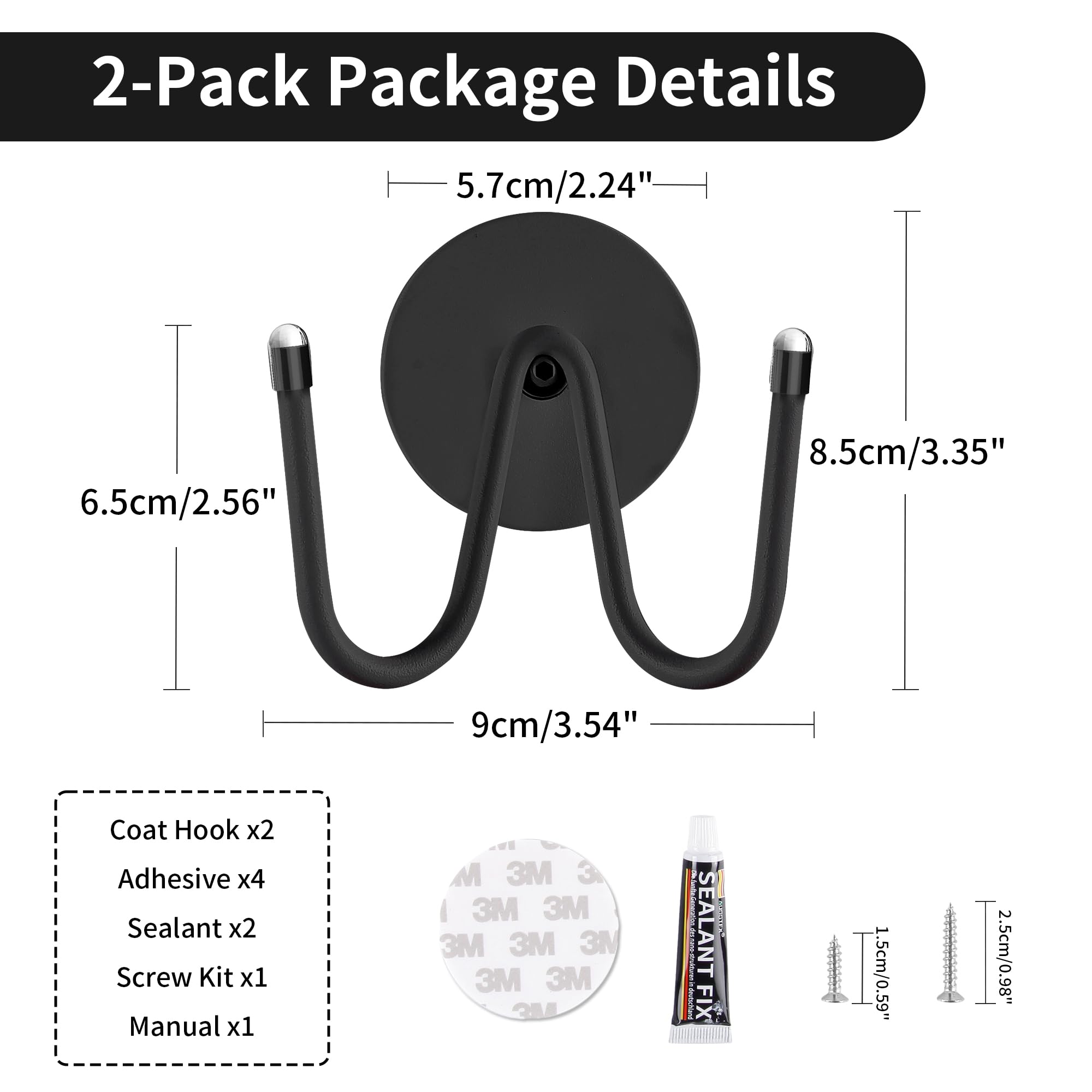 TONLEA 2 Pack Coat Hooks for Wall, Stainless Steel Coat Rack Wall Mount for Hanging Coat, Scarf, Hat, Key (Black)