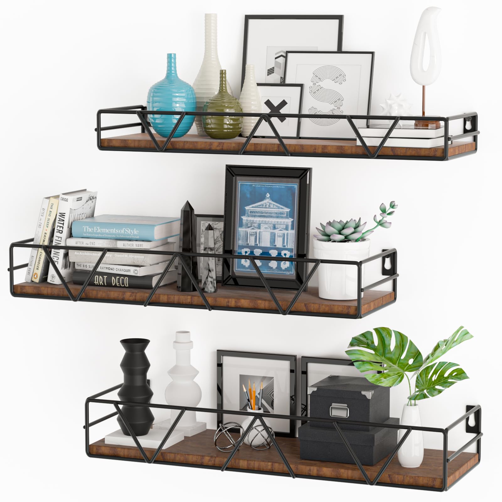 Amaoot Floating Shelves Set of 3, Home Wood Wall Shelf, Farmhouse Shelf for Bedroom, Wall Mounted Floating Shelf for Living Room, Bedroom, Bathroom, Kitchen, Office (Black)