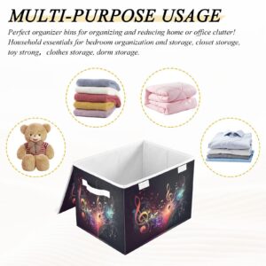 TecEr Music-notes Print Large Fabric Foldable Storage Bins with Lids and Handle, Decorative Storage Box Cube for Shelves Closet Home Bedroom Office