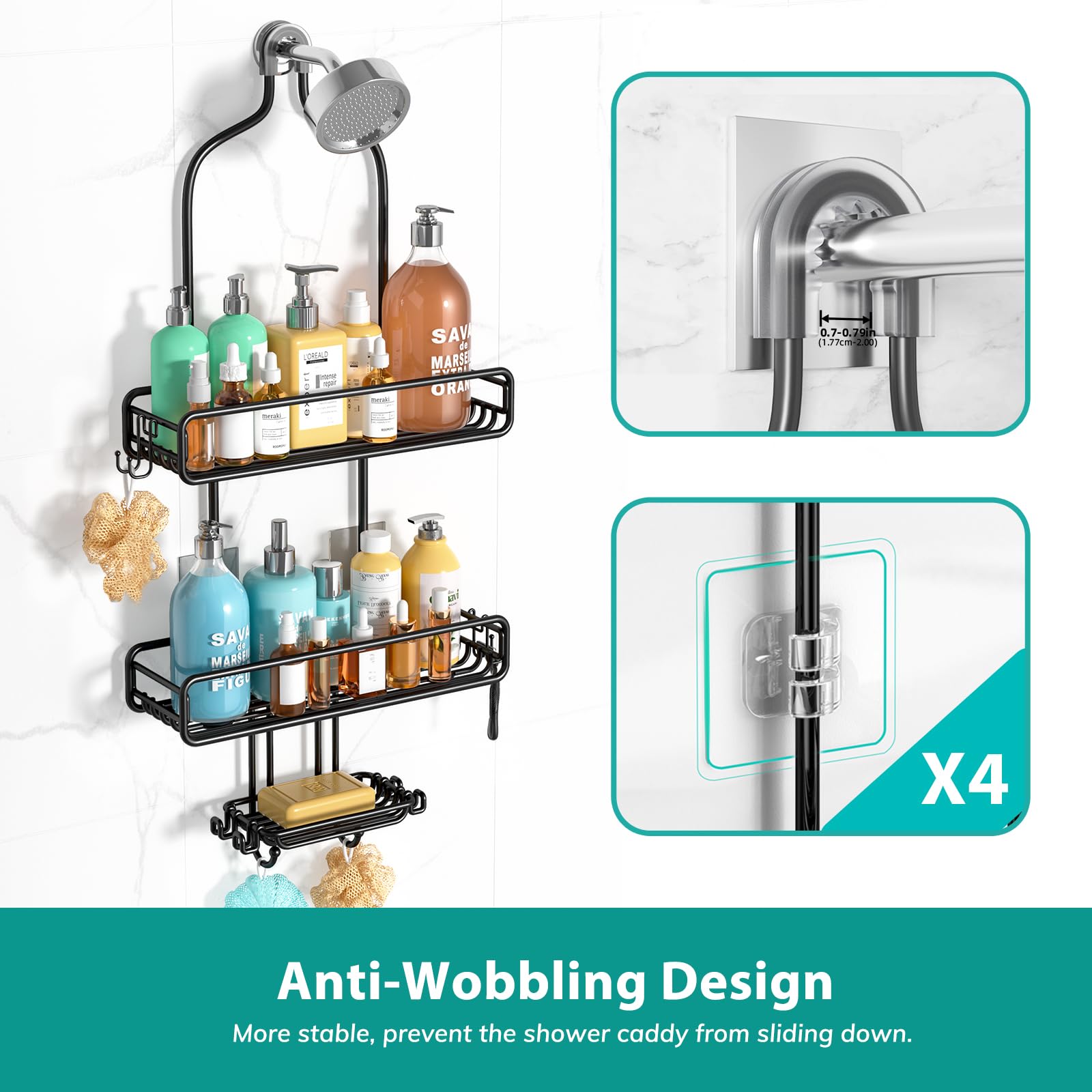 HAMITOR Hanging Shower Caddy Over Head : Adjustable Large Shower Organizer with Soap Holder - Rustproof Bathroom Shelf Shampoo Storage Rack - 4 Movable Hooks for Razor Loofah Black