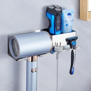 hair dryer holder wall mounted, blow dryer organizer, hair tool organizer, adhesive blow dryer holder for bathroom, stainless steel hair dryer stand with plug hook & storage compartment