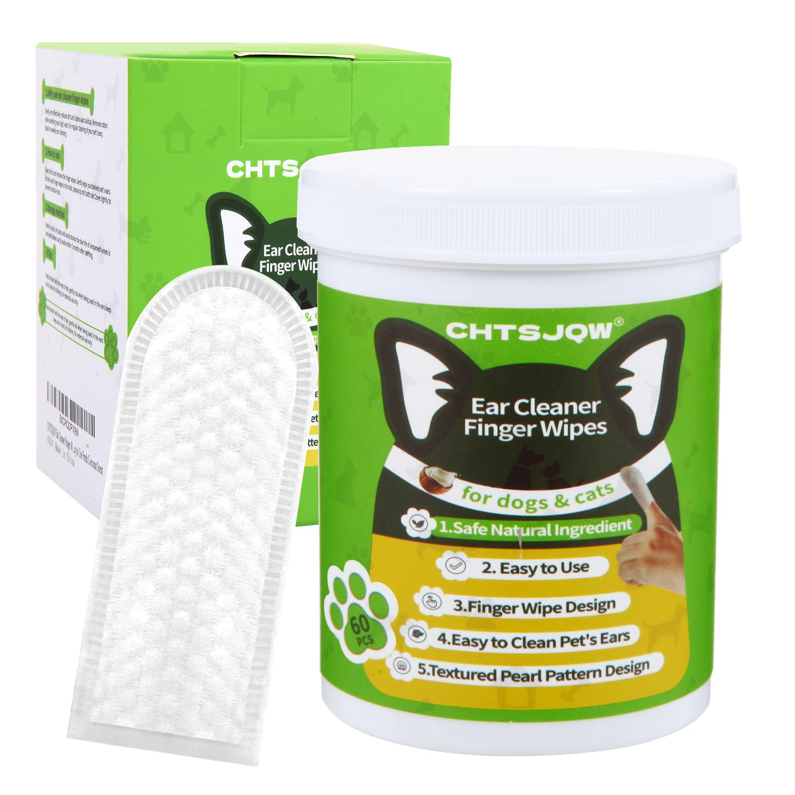 Ear Cleaner Finger Wipes, Dog and Cats Ear Cleaner 60 Counts, Dog Ear Wipes Reduce Earwax Buildup, Grooming Kit Care for Dogs and Cats, Dog Supplies Ear Cleaner Wipes Remove Dirt & Non-Irritating