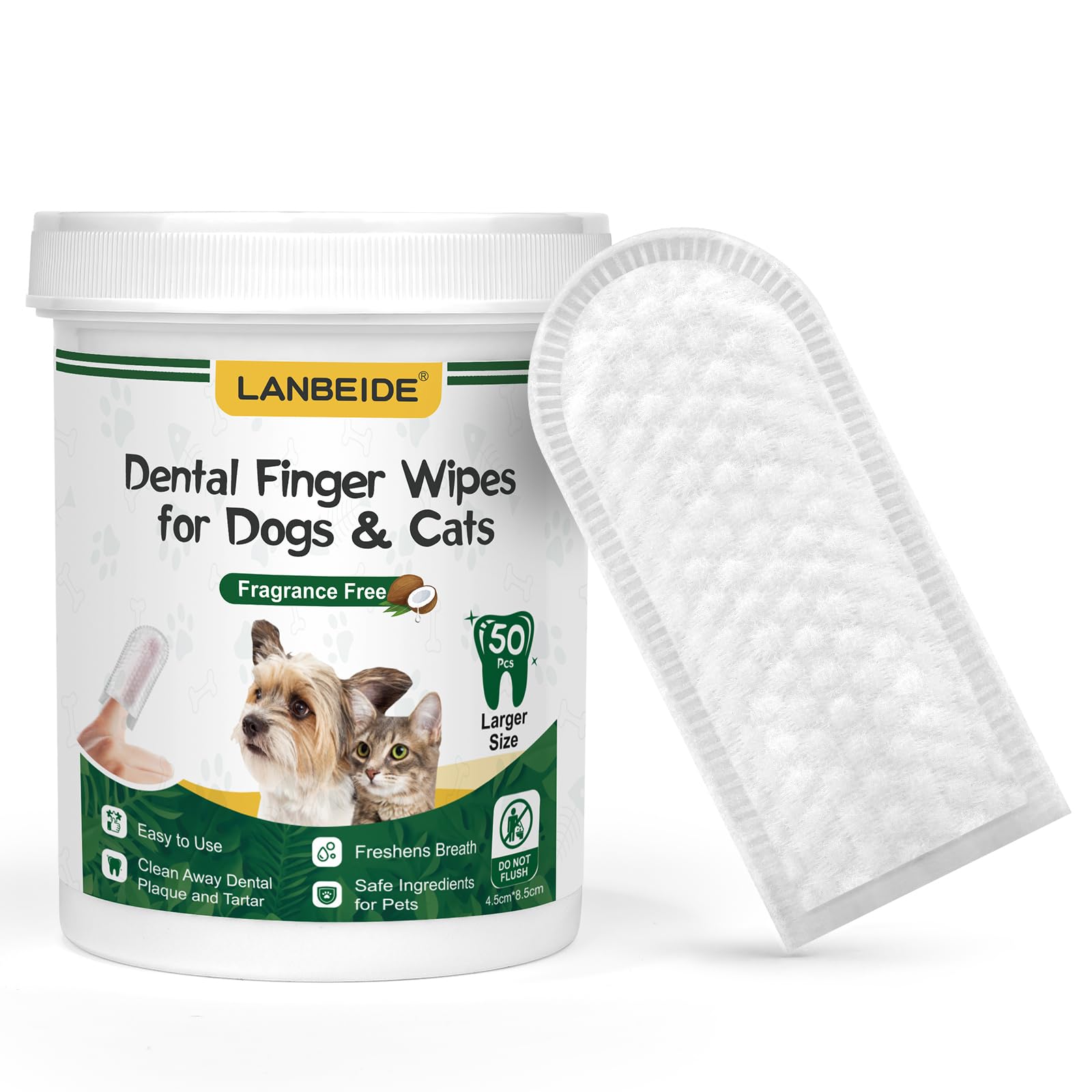 LANBEIDE Updated Larger Pet Teeth Cleaning Wipes for Dogs & Cats, Dog Dental Wipes No-Rinse Dog Finger Toothbrush for Reducing Plaque & Tartar, Breath Freshener Dental and Gum Care Pet Wipes 50 Counts