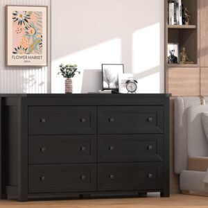 Boonatu Black Dresser for Bedroom with 6 Drawers, Wood Dressers Chest of Drawers with Metal Handles, Modern Bedroom Dresser with Drawers for Closet Hallway, Living Room, Black