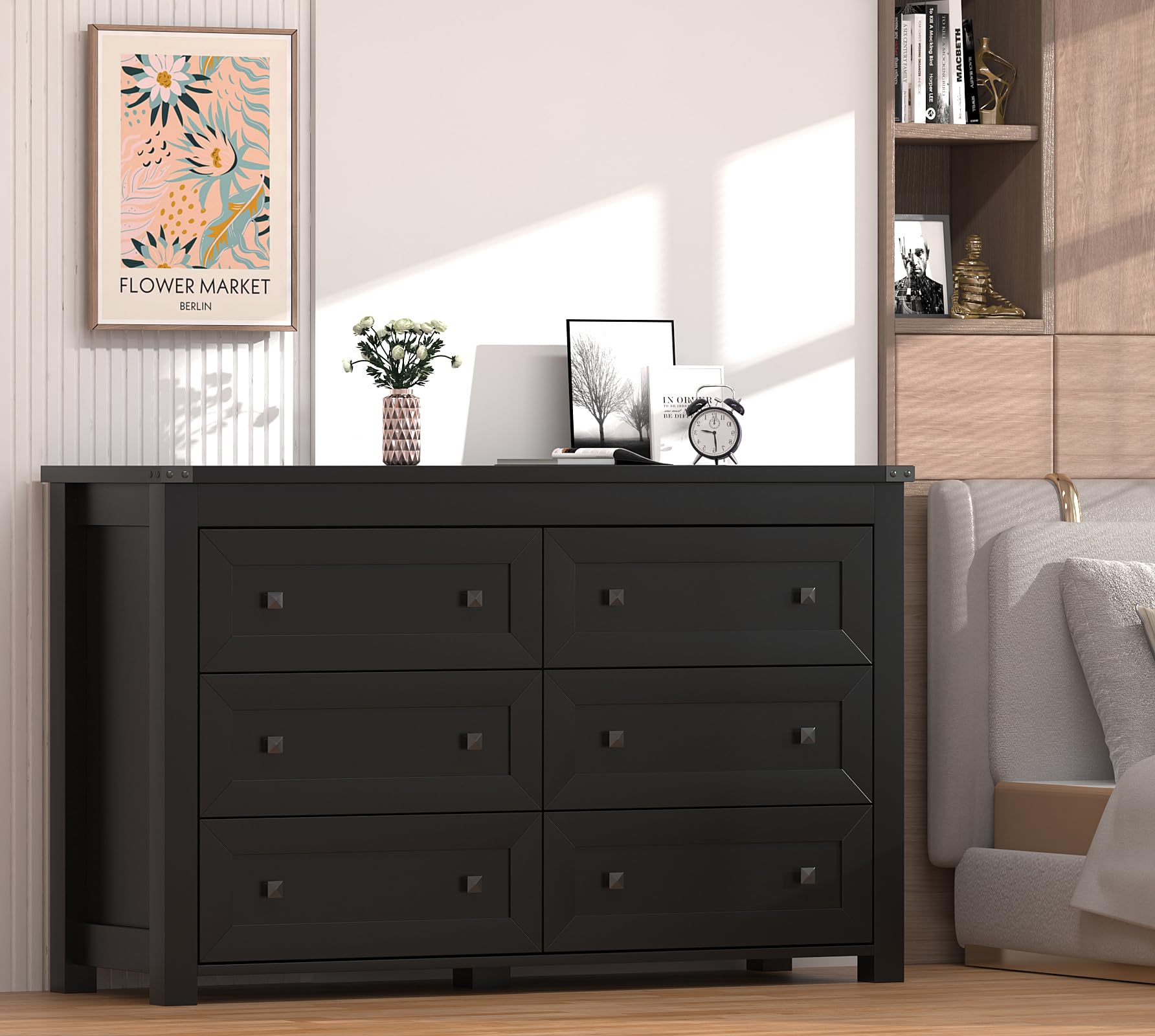 Boonatu Black Dresser for Bedroom with 6 Drawers, Wood Dressers Chest of Drawers with Metal Handles, Modern Bedroom Dresser with Drawers for Closet Hallway, Living Room, Black