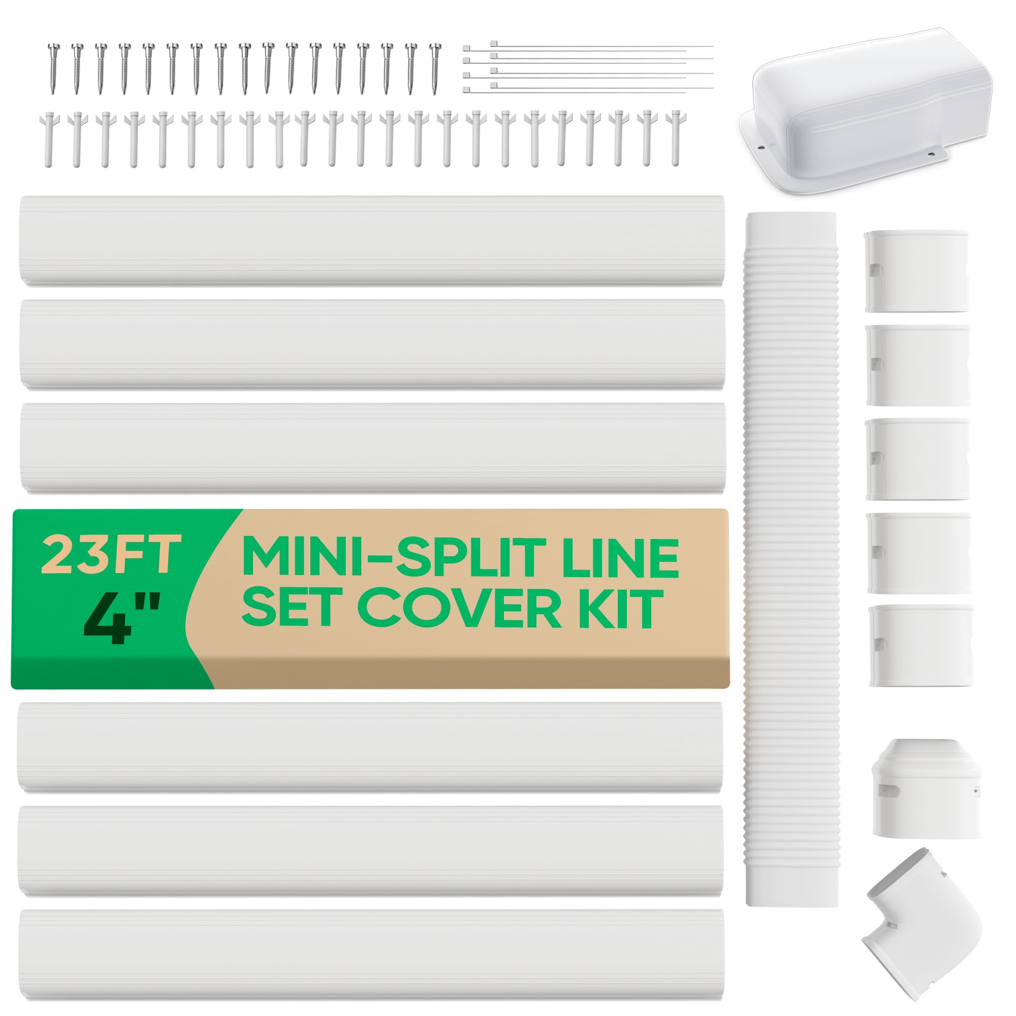 Plusluck 4" 23Ft Mini Split Line Set Cover, PVC Ductless Air Conditioner Decorative Pipe, Pump Covers, AC Line Cover Kit, for Outside Units Air Conditioners & Heat Pumps, All in One Set