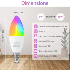 ORALUCE Smart Light Bulb Work with Alexa & Google Home, C37 E12 LED Light Bulb 40W Equivalent, 2.4GHz WiFi & Bluetooth Color Changing APP Dimmable, Multicolor LED Bulb 450 Lumens,2P