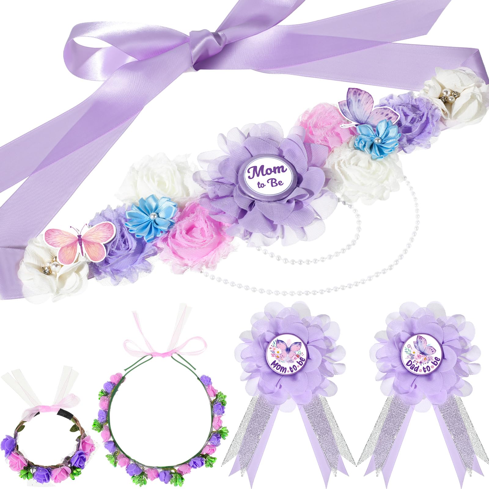 Riceshoot Butterfly Theme Maternity Flower Sash and Corsage Set Pink Purple Baby Shower Decorations Mom to Be Dad to Be Pin with Headband Wristband for Baby Shower Gender Reveal Party Gifts (Purple)