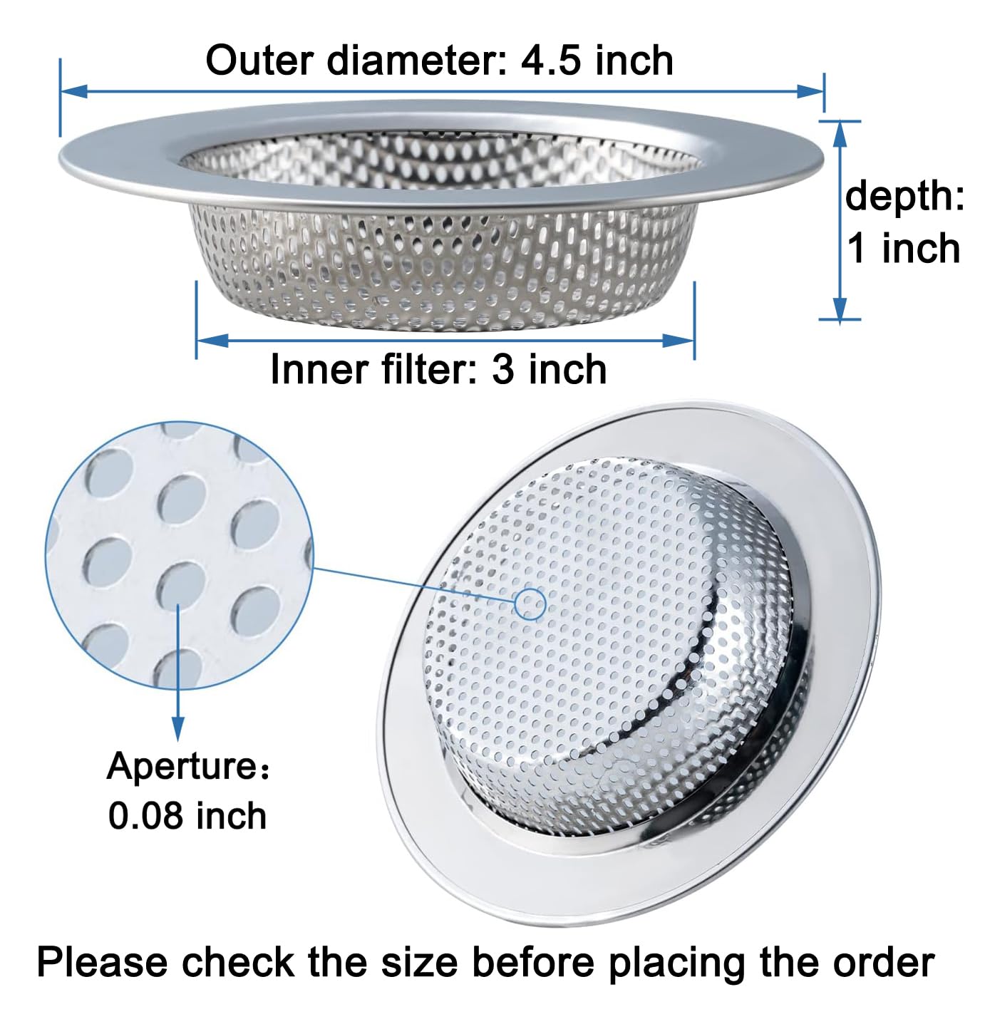 Honmein 3 Pcs Sink Strainer for Most Kitchen Sink Drain Basket, Upgraded Double-Layer Safe Design Kitchen Sink Strainer (Outer Diameter 4.5 Inch)