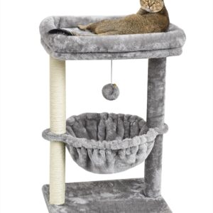 SYANDLVY Small Cat Tree for Indoor Cats, Activity Cat Tower with Scratching Post for Kittens, Cat Bed & Furniture with Basket & Hanging Ball for Play Rest