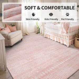 Engiw Pink Nursery Rug Boho Area Rug for Nursery Baby Girl 5x7 Washable Rugs Pink Rugs for Bedroom Girls Toddler Girl Room Rug Kids Playroom Rug Soft Rugs for Living Room Pink Non Slip Modern Rug