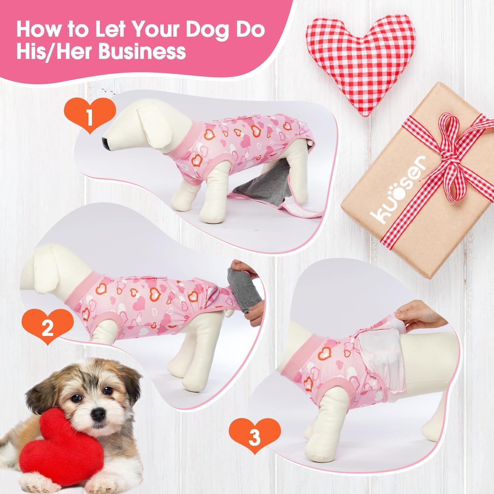 Kuoser Dog Surgery Recovery Suit, Valentine's Day Dog Surgical Recovery Suit for Female Male Dogs, Dog Onesies for Small Dogs, Pet Surgical Suit for Spay Neuter Dog Cone Alternative