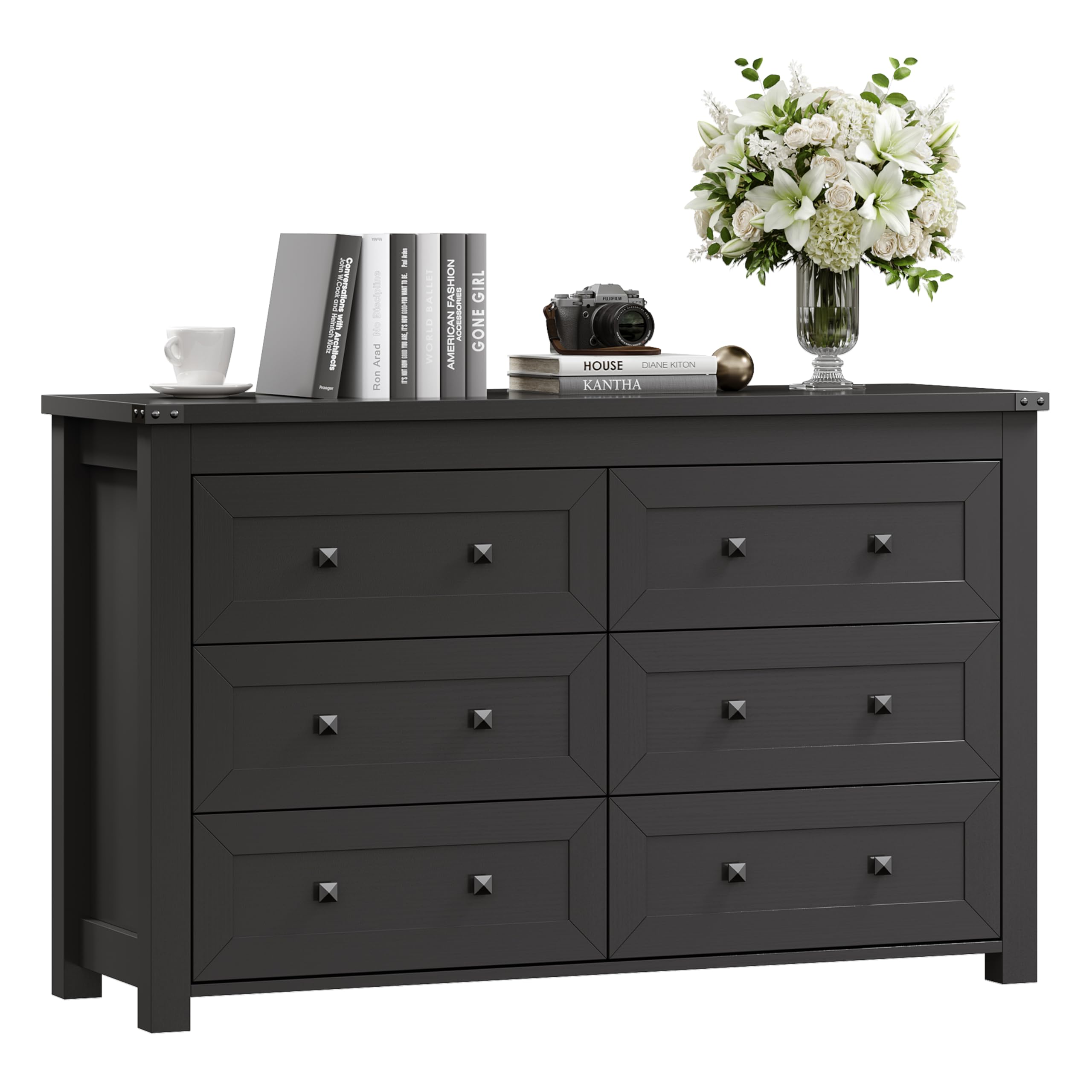 Boonatu Black Dresser for Bedroom with 6 Drawers, Wood Dressers Chest of Drawers with Metal Handles, Modern Bedroom Dresser with Drawers for Closet Hallway, Living Room, Black