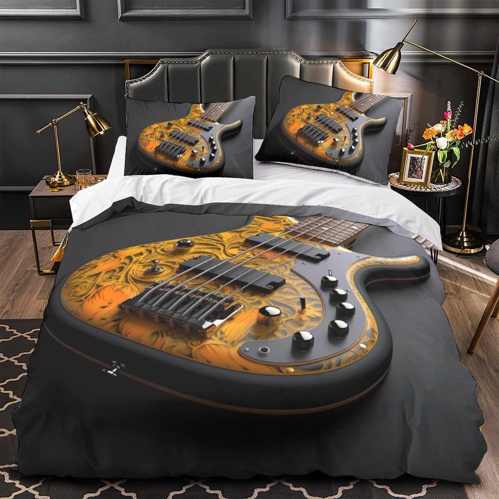 EVMILA Guitar Duvet Cover Quilt Cover 3D Print Music Comforter Covers for Boys Girls Bedding Set with Zipper Closure with Pillow Cases Soft Microfiber 3 Pieces Full（203x228cm）