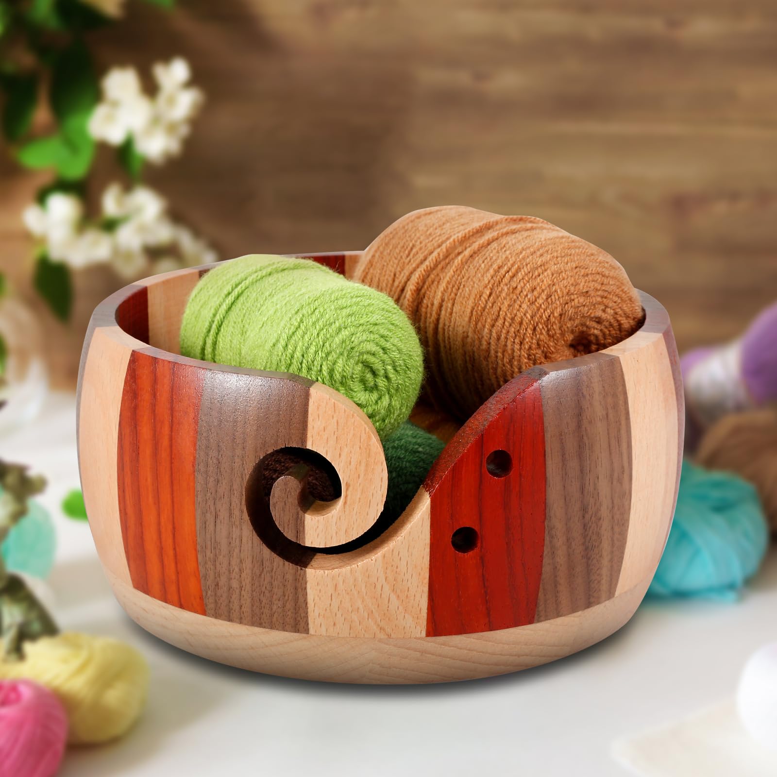 Wooden Yarn Bowl, 7x7x3in Knitting Yarn Bowl, Round Yarn Holder for Crocheting, Large Crochet Bowl Holder with Carved Holes, Weaving Thread Bowl, Yarn Basket Yarn Storage Bowl for DIY Handmade Crafts