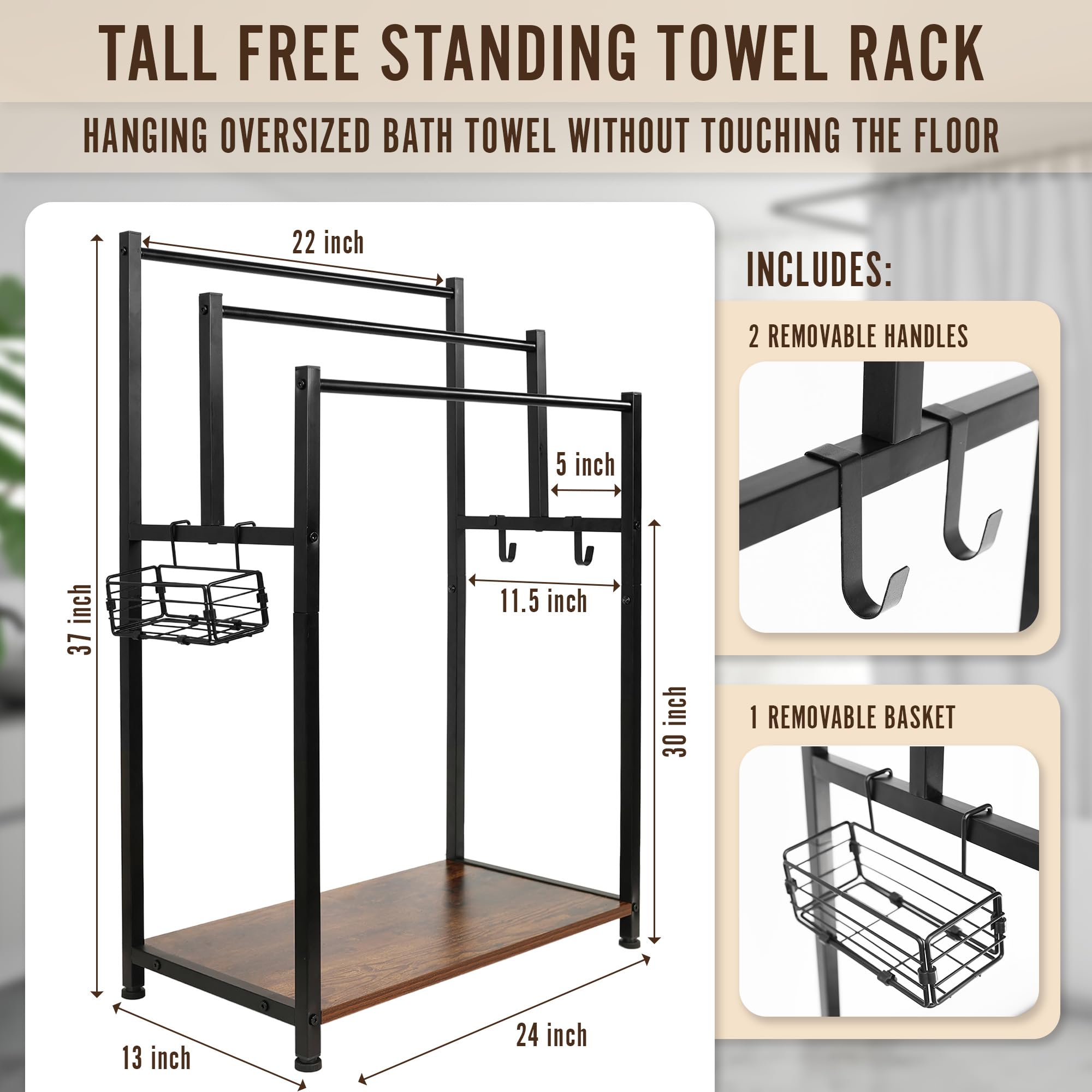 DolceNest 37.5" Blanket Rack Stand for Living Room - Quilt Racks Free Standing for Seasonal Decoration with Storage Basket & 3 Tier Towel Bar for Large Bathroom.