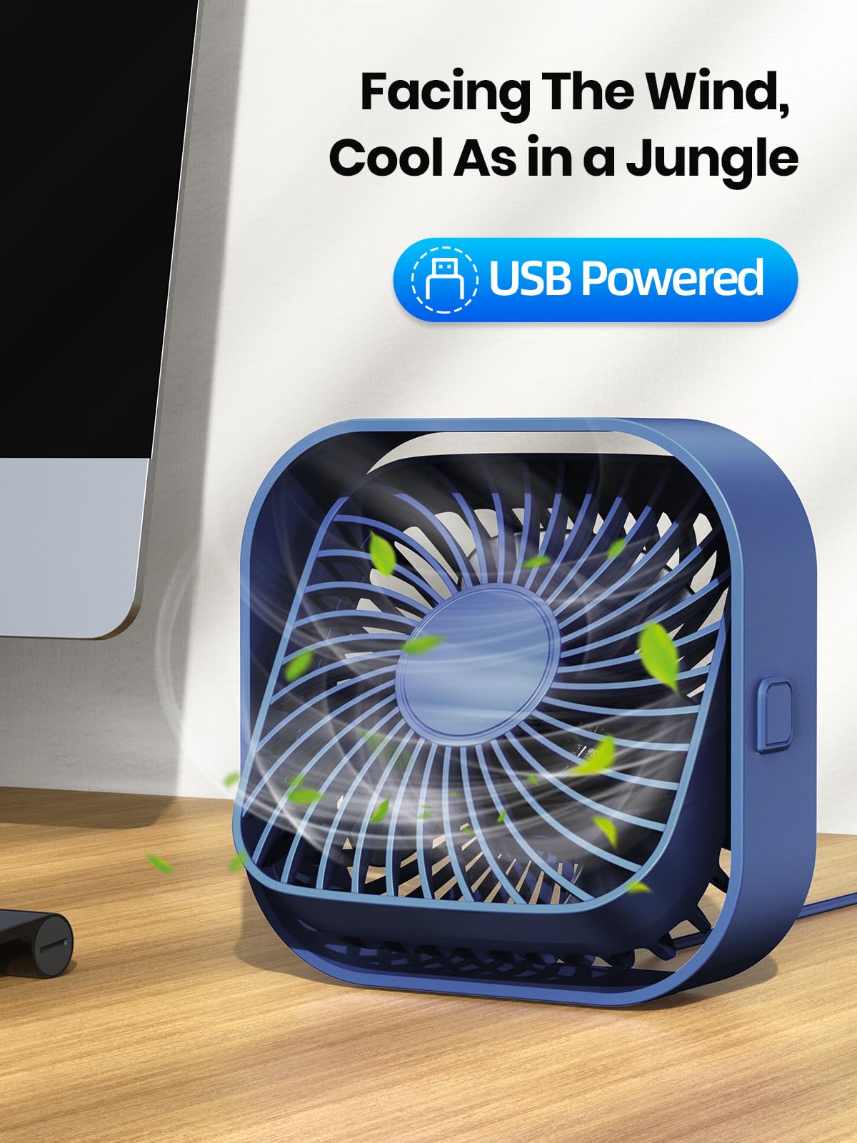 TOPK USB Desk Fan 2Pack Mini Personal Fan Portable, Strong Airflow & Quiet Operation, USB Powered, Three-Speed Wind Small USB Fan for Desk, 360° Rotatable Head for Home Office Table and Desktop Blue