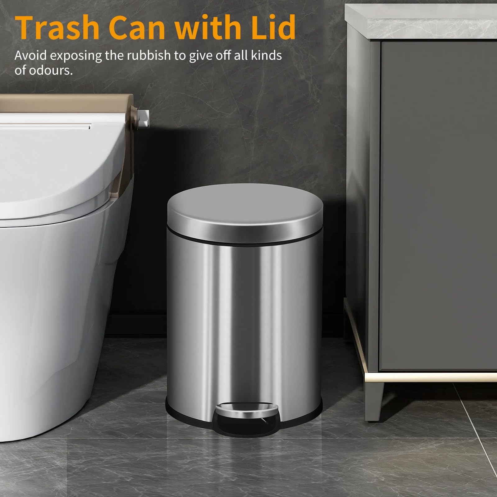 BLKMTY Trash Can Bathroom Trash Bin with Lid Waste Bin 6 L/1.6 Gallon Stainless Steel Garbage Can Round Portable Garbage Bin for Bathroom Office Bedroom Rubbish Bin Step-Open, Silver (2 Pack)