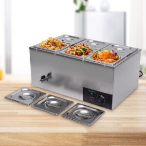 6 Pan Commercial Food Warmer Countertop with Lids, Electric Food Warmer Steam Table, 600W Professional Buffet Servers and Warmers Stainless Steel Buffet Bain Marie with 86-185°F Temp Control