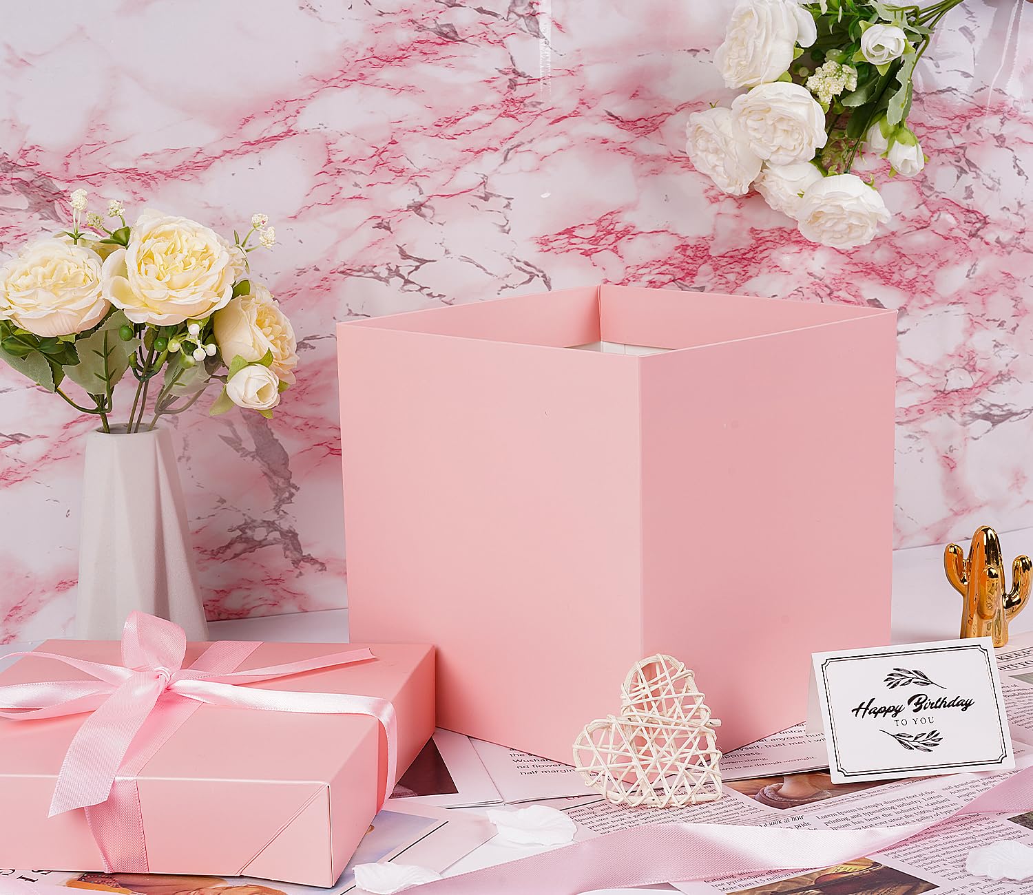 Jaywayang Medium Pink Gift Box with Lids, Ribbon and Tissue Paper, Collapsible, for Birthday, Wedding, Anniversaries, Mother's Day, 8.7x8.7x8.7 Inches