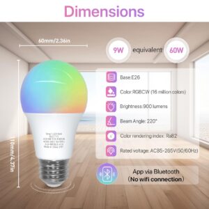 ORALUCE Bluetooth Smart Light Bulb A19 E26,9W LED Light Bulb Color Changing APP Dimmable, 60W Equivalent RGBCW LED Bulb 900 Lumens Multicolor,1P (No WiFi Connection)