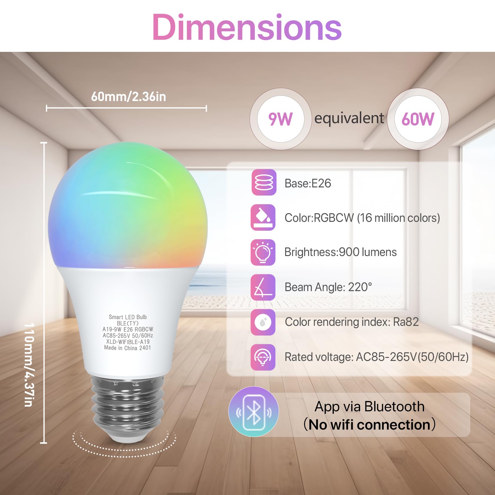 ORALUCE Bluetooth Smart Light Bulb A19 E26,9W LED Light Bulb Color Changing APP Dimmable, 60W Equivalent RGBCW LED Bulb 900 Lumens Multicolor,1P (No WiFi Connection)