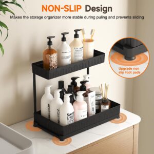 Sevenblue 3 Pack Under Sink Organizers and Storage L-Shaped, 2 Tier Sliding Bathroom Organizers and Storage with Hooks Hanging Cup, Multi-purpose Cabinet Organizers for Kitchen Bathroom, Black