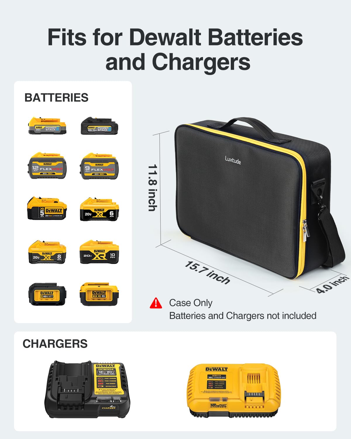 Luxtude Extra Large Battery Case for Dewalt/Milwaukee/Ryobi 12V/18V/20V Battery & Charger, Tool Battery Case for DEWALT Holds 20V 2.0/3.0/4.0/5.0/6.0/9.0-Ah Batteries, Adapter,Bag Only