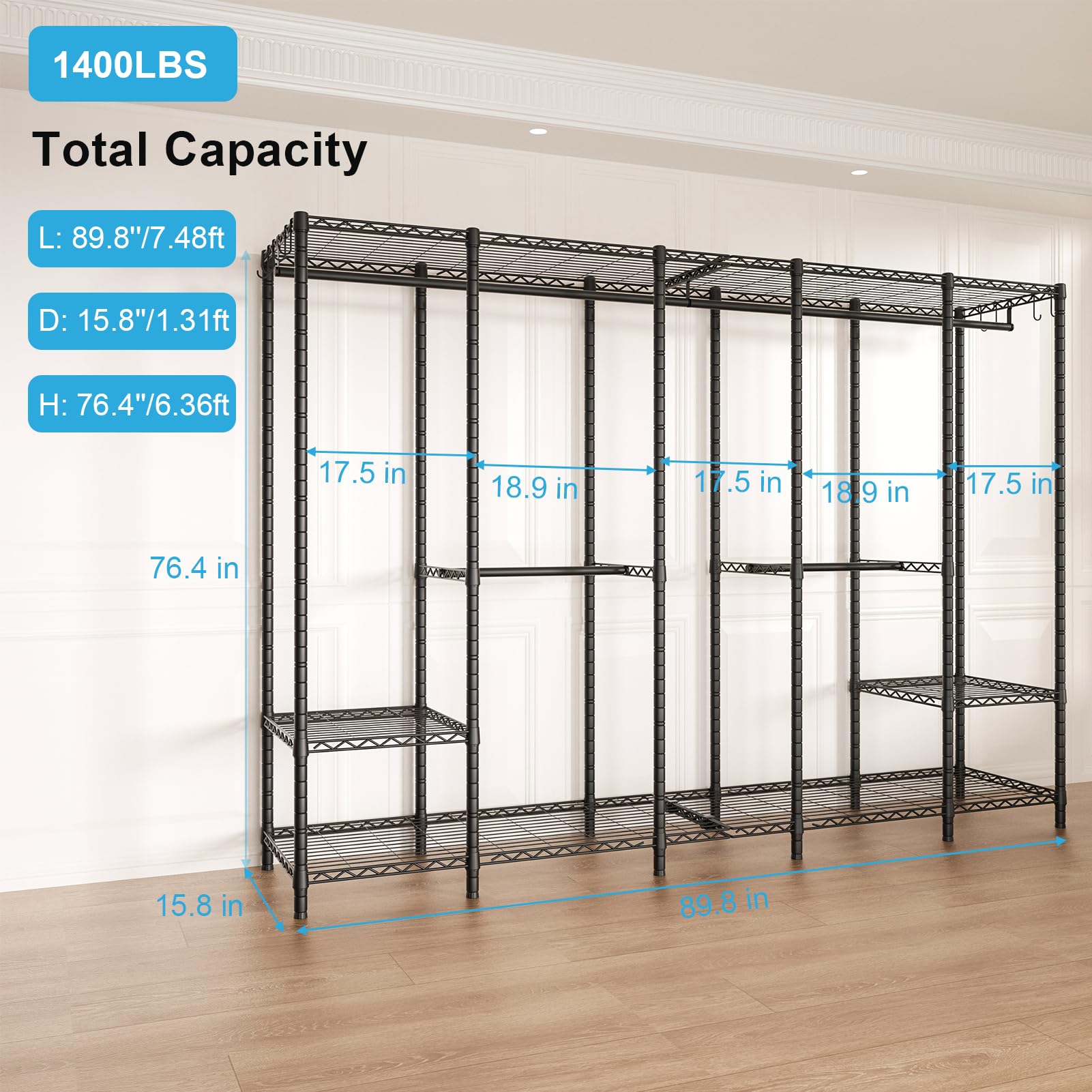 Ulif H50 Garment Rack Heavy Duty Clothes Rack, Freestanding Extra Large Portable Closet Wardrobe Rack, Clothing Racks for Hanging Clothes 89.8''W x 15.8" D x 76.4" H, Max Load 1400 Lbs, Black