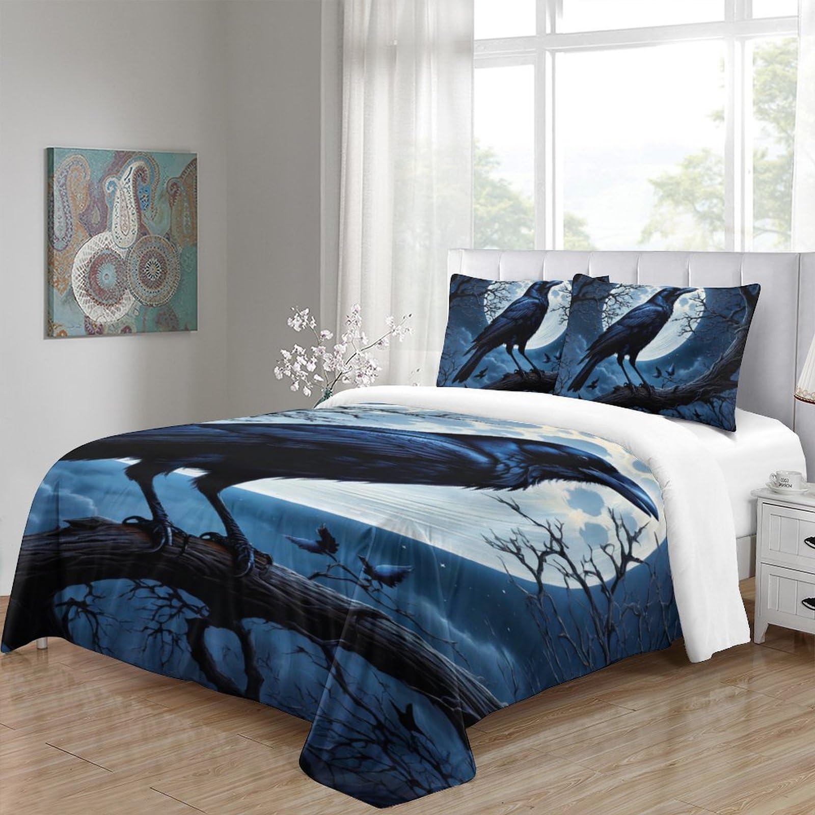 EVMILA Gothic Crow 3D Print Eerie Night for Boys Girls Quilt Cover Comforter Covers Duvet Cover Soft Microfiber with Zipper Closure with Pillow Cases Bedding Set 3 Pieces Twin（173x218cm）