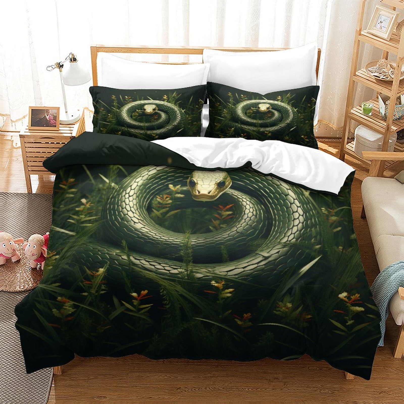 JALYKA Bedding Set 3D Print Snake Duvet Cover Set Animal Theme Comforter Cover with Pillow Shams with Zipper Microfiber 3Pcs Bedspread Cover for Kids Teens Adults Twin（173x218cm）