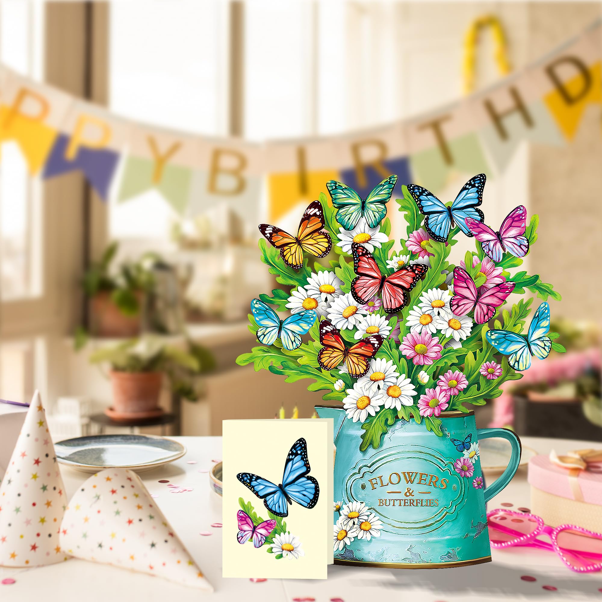 Airpark Pop Up Flower Cards, Daisies and Butterflies, 12inch Paper Flowers Bouquet 3D Popup Greeting Cards with Blank Note Card and Envelope for Christmas, Birthday Gifts for Women Kids,Holiday