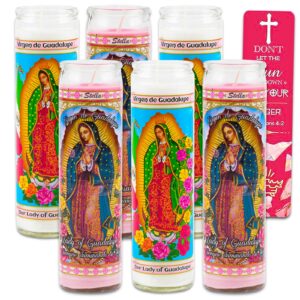 our lady of guadalupe devotional candle 6 pack - bundle with 6 lady of guadalupe glass prayer candles for vigils, prayers, blessing, religious ceremonies, plus bookmark | unscented religious candles