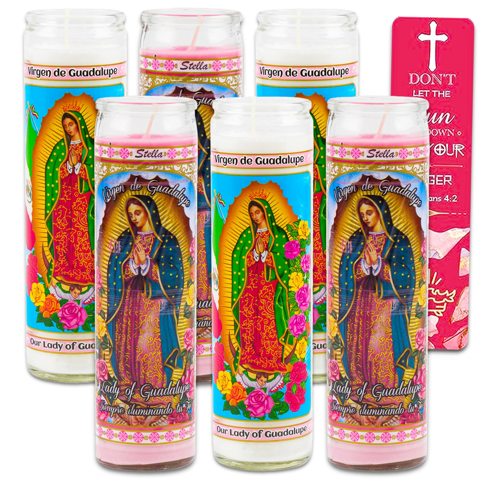 Our Lady of Guadalupe Devotional Candle 6 Pack - Bundle with 6 Lady of Guadalupe Glass Prayer Candles for Vigils, Prayers, Blessing, Religious Ceremonies, Plus Bookmark | Unscented Religious Candles