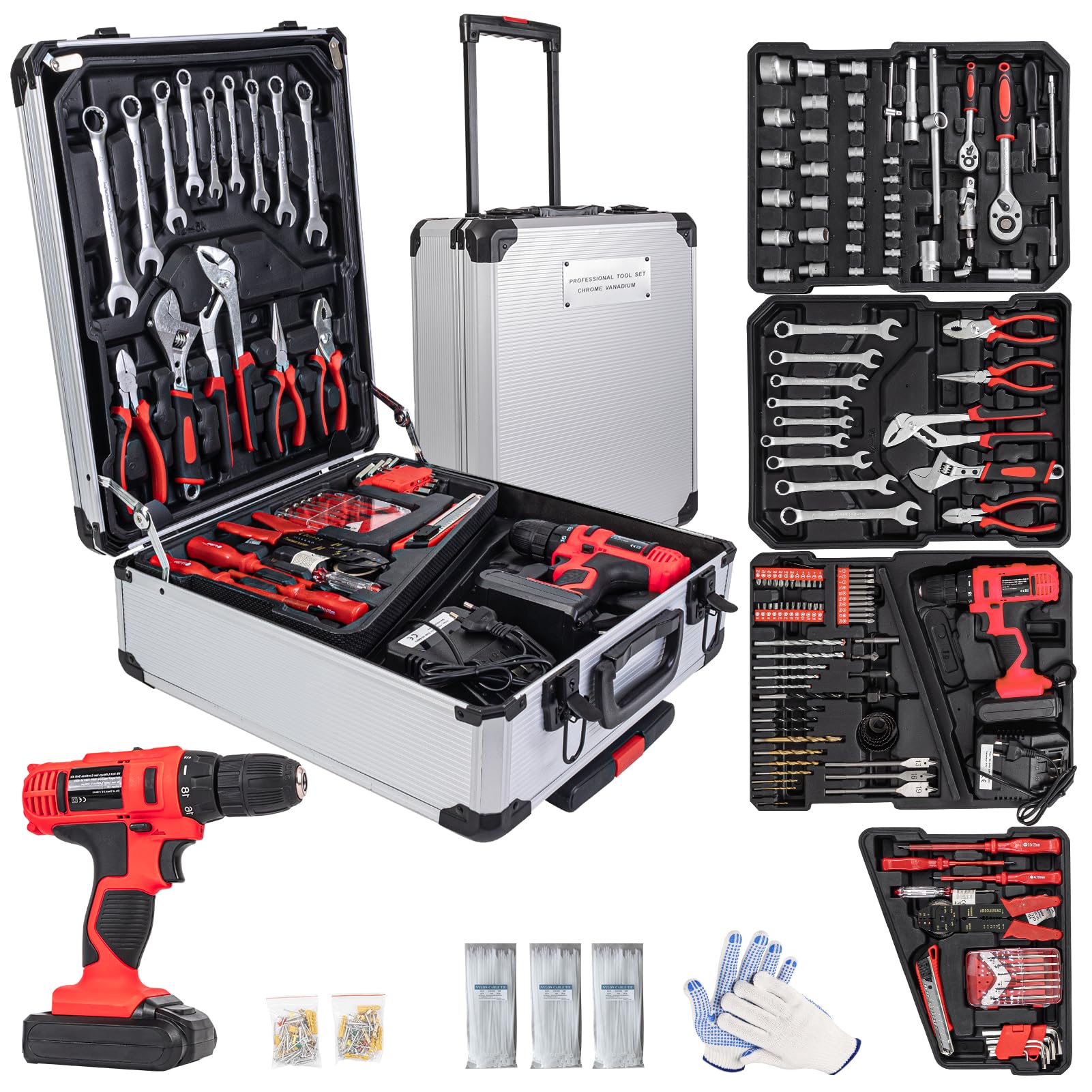 346Pcs Tool Sets, 18V Electric Power Drill Set, Cordless Drill for Men, Household Home DIY Hand Tool Kits,18+1 Clutch Cordless Power Drill Set for Thanksgiving, Christmas,Father's Day (Silver)